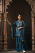 Juniper Teal Satin Slub Festive Embroidered Printed Straight Kurta Skirt Dupatta For Women | Grocsy