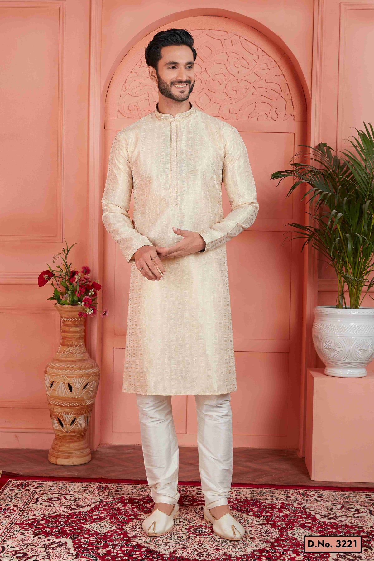 Raivat Ethnic Men's Jacquard Silk Brocade Pintux Work Kurta Pyjama In Cream Colour | Grocsy