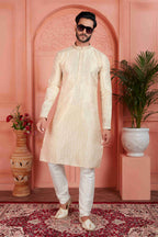 Raivat Ethnic Men's Jacquard Silk Brocade Pintux Work Kurta Pyjama In Cream Colour | Grocsy