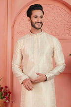 Raivat Ethnic Men's Jacquard Silk Brocade Pintux Work Kurta Pyjama In Cream Colour | Grocsy