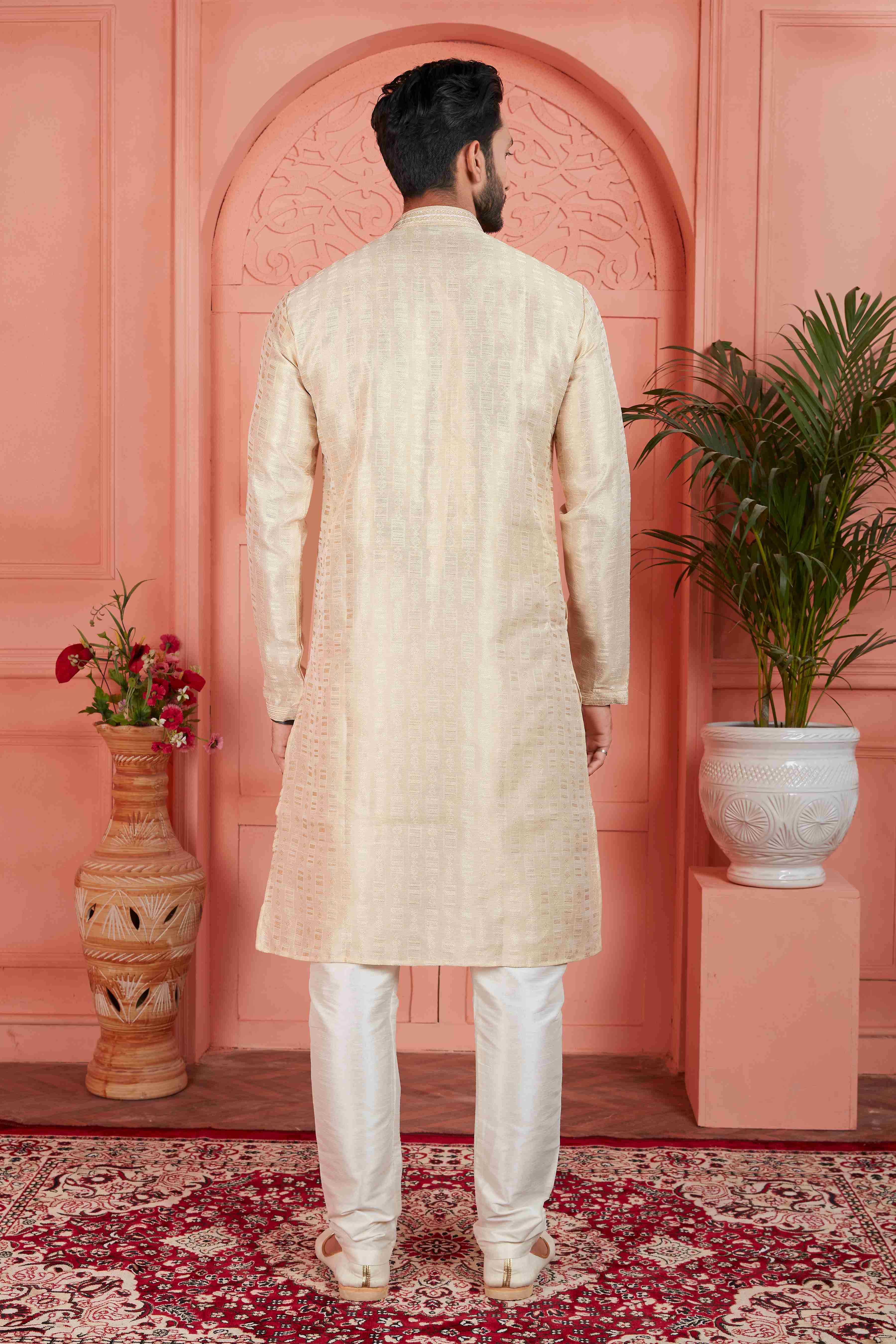 Raivat Ethnic Men's Jacquard Silk Brocade Pintux Work Kurta Pyjama In Cream Colour | Grocsy