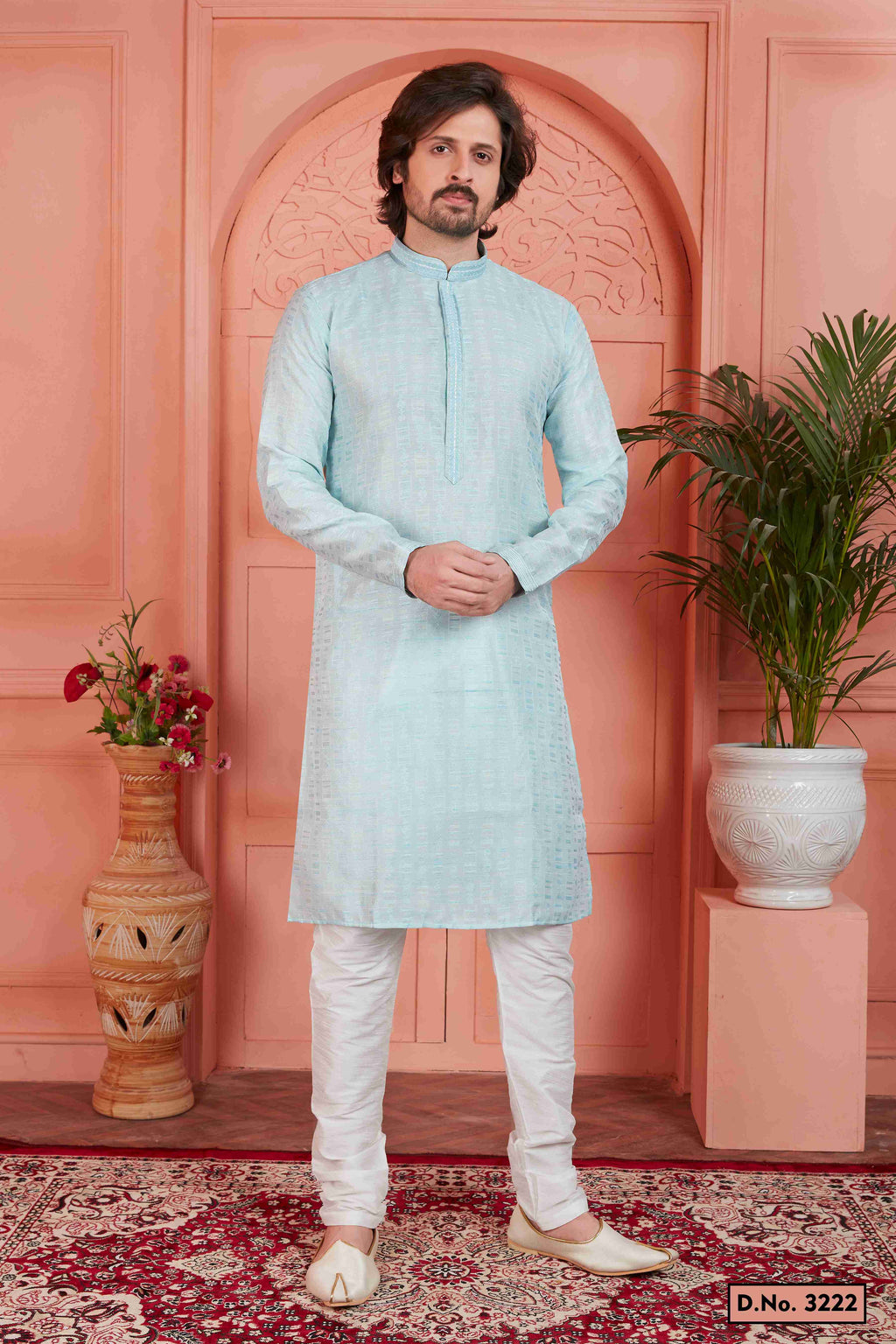 Raivat Ethnic Men's Jacquard Silk Brocade Pintux Work Kurta Pyjama In Sky Blue Colour | Grocsy