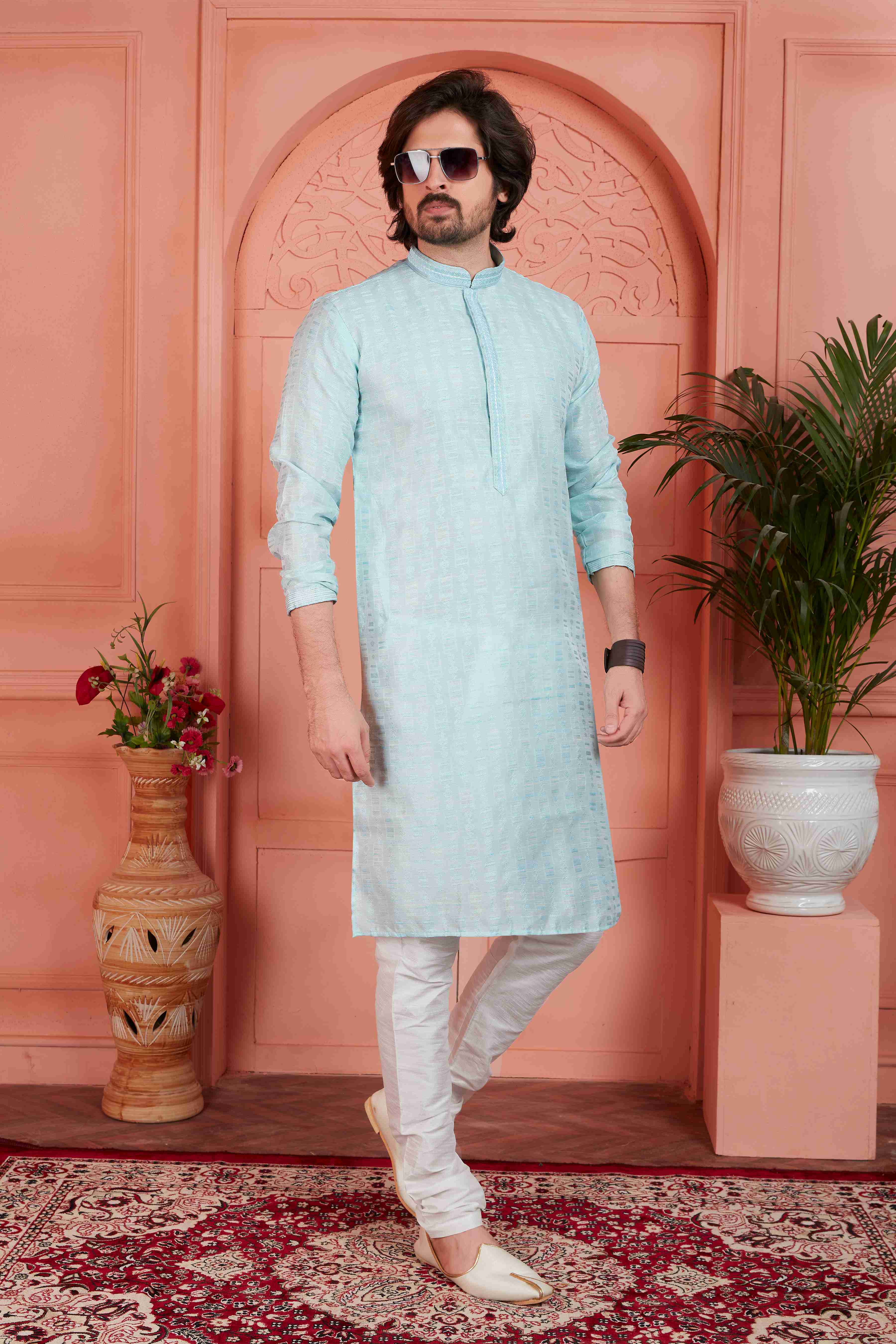 Raivat Ethnic Men's Jacquard Silk Brocade Pintux Work Kurta Pyjama In Sky Blue Colour | Grocsy
