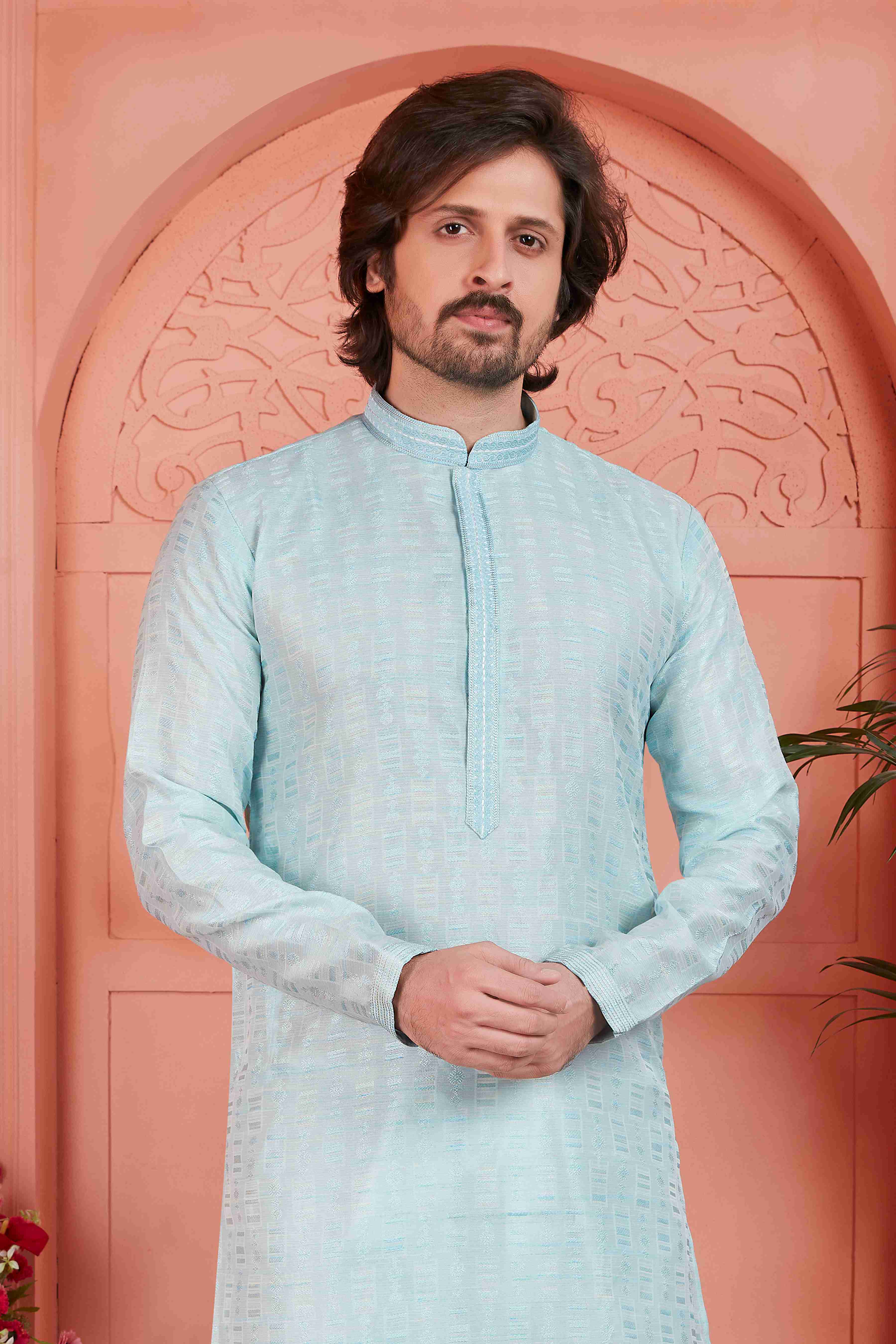 Raivat Ethnic Men's Jacquard Silk Brocade Pintux Work Kurta Pyjama In Sky Blue Colour | Grocsy
