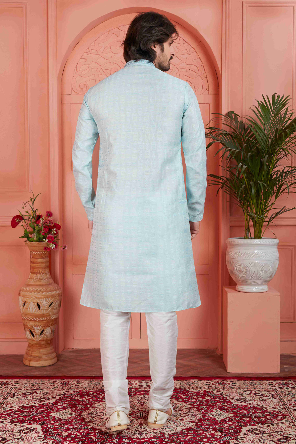 Raivat Ethnic Men's Jacquard Silk Brocade Pintux Work Kurta Pyjama In Sky Blue Colour | Grocsy