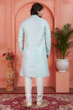 Raivat Ethnic Men's Jacquard Silk Brocade Pintux Work Kurta Pyjama In Sky Blue Colour | Grocsy