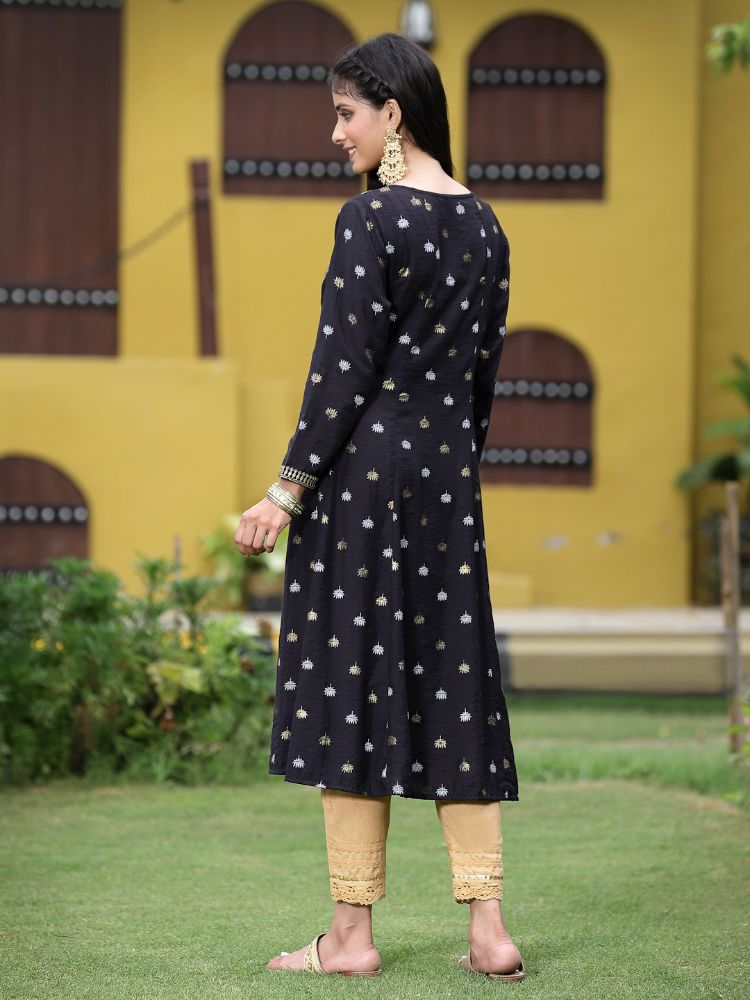 Juniper Women Black Rayon Festive Foil Printed Anarkali Flared Anarkali Kurta | Grocsy
