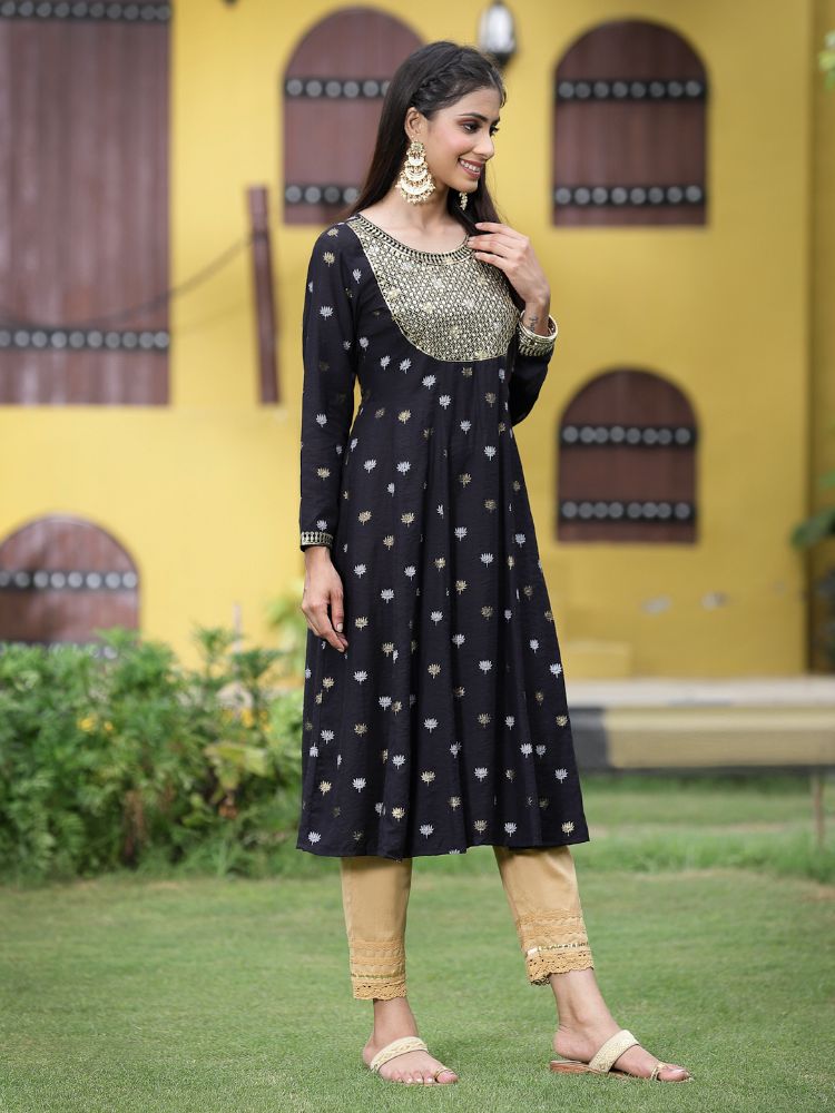 Juniper Women Black Rayon Festive Foil Printed Anarkali Flared Anarkali Kurta | Grocsy