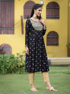 Juniper Women Black Rayon Festive Foil Printed Anarkali Flared Anarkali Kurta | Grocsy