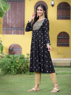 Juniper Women Black Rayon Festive Foil Printed Anarkali Flared Anarkali Kurta | Grocsy