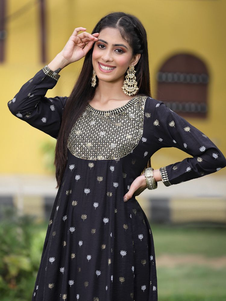 Juniper Women Black Rayon Festive Foil Printed Anarkali Flared Anarkali Kurta | Grocsy