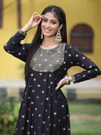 Juniper Women Black Rayon Festive Foil Printed Anarkali Flared Anarkali Kurta | Grocsy