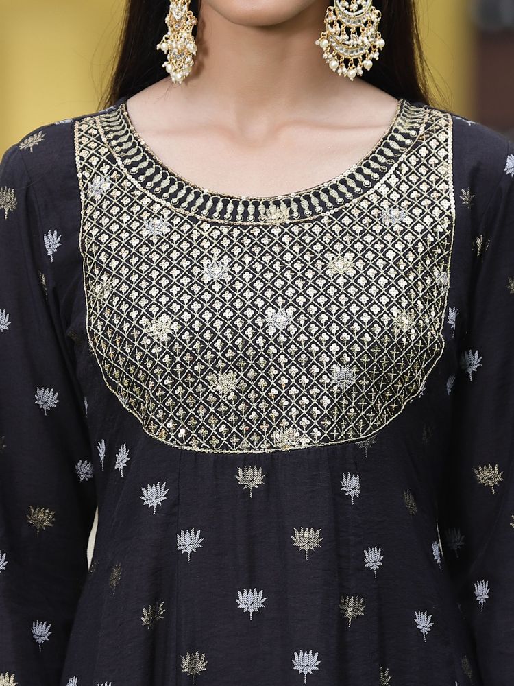 Juniper Women Black Rayon Festive Foil Printed Anarkali Flared Anarkali Kurta | Grocsy