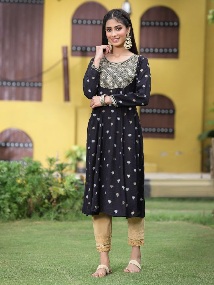 Juniper Women Black Rayon Festive Foil Printed Anarkali Flared Anarkali Kurta | Grocsy