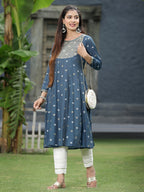 Juniper Women Indigo Rayon Festive Foil Printed Anarkali Flared Anarkali Kurta | Grocsy