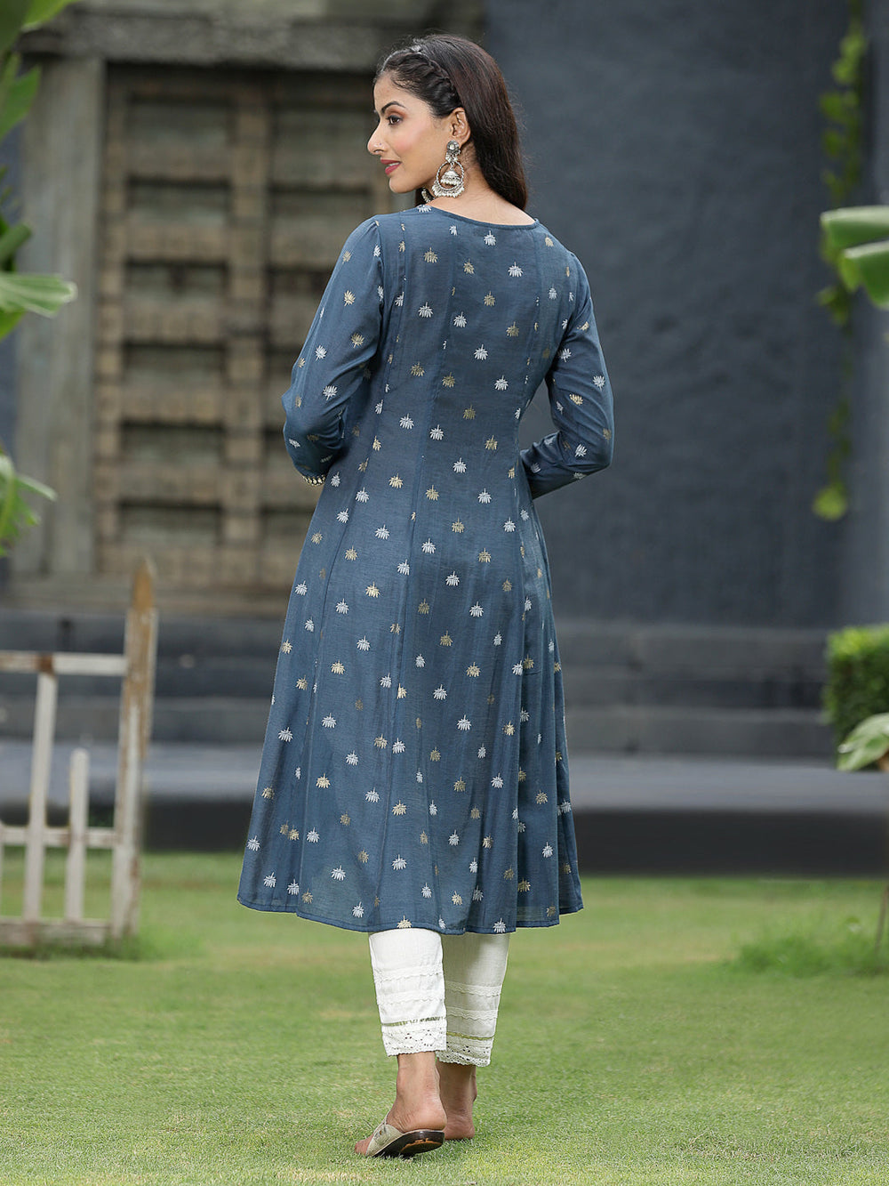Juniper Women Indigo Rayon Festive Foil Printed Anarkali Flared Anarkali Kurta | Grocsy