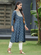 Juniper Women Indigo Rayon Festive Foil Printed Anarkali Flared Anarkali Kurta | Grocsy