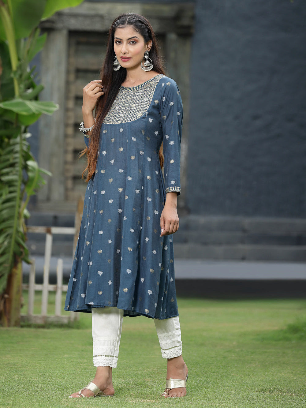 Juniper Women Indigo Rayon Festive Foil Printed Anarkali Flared Anarkali Kurta | Grocsy
