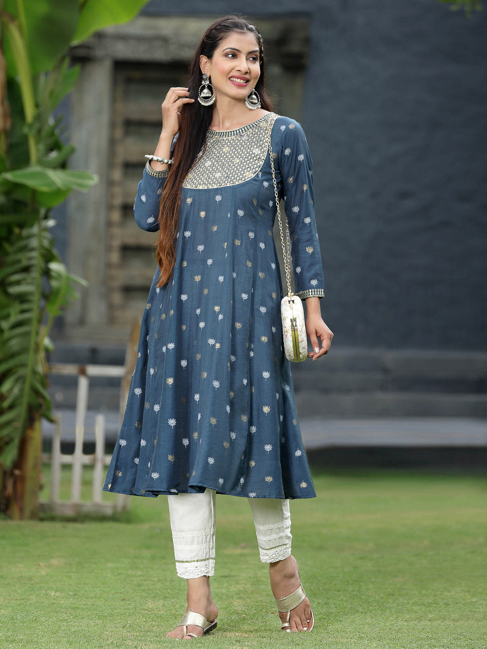 Juniper Women Indigo Rayon Festive Foil Printed Anarkali Flared Anarkali Kurta | Grocsy