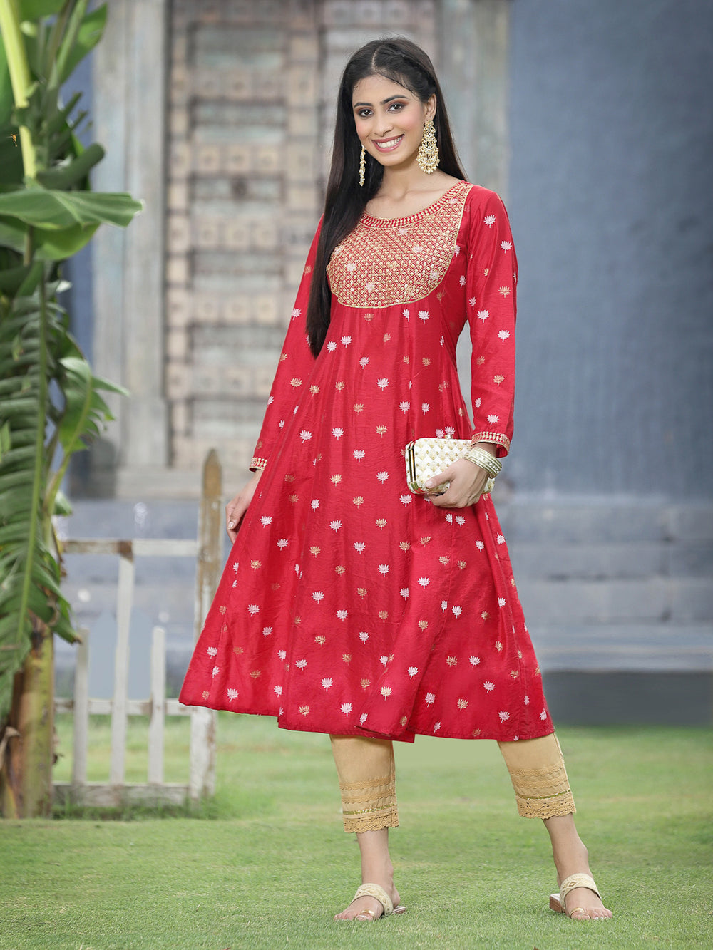 Juniper Women Red Rayon Festive Foil Printed Anarkali Flared Anarkali Kurta | Grocsy