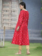 Juniper Women Red Rayon Festive Foil Printed Anarkali Flared Anarkali Kurta | Grocsy