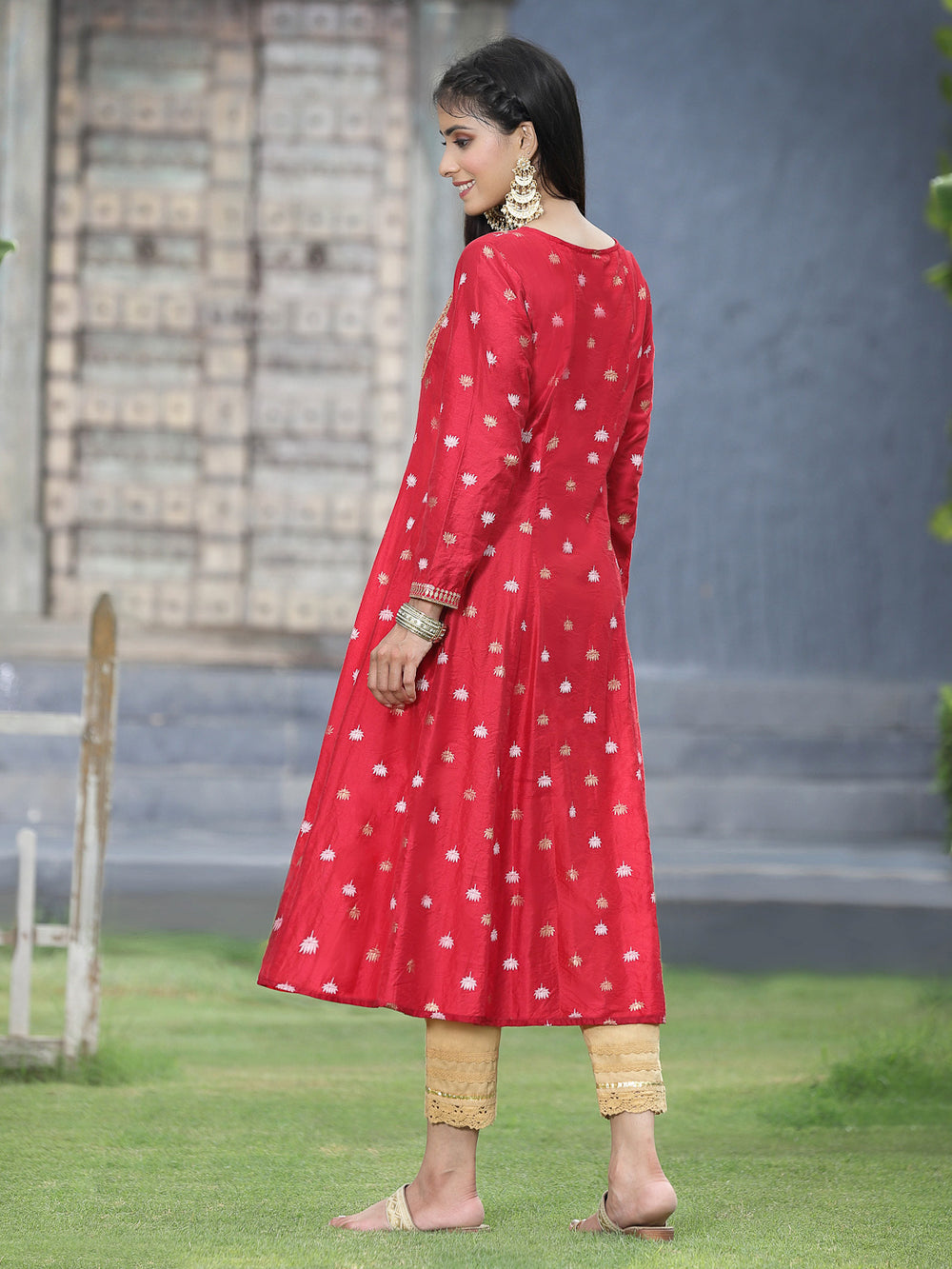Juniper Women Red Rayon Festive Foil Printed Anarkali Flared Anarkali Kurta | Grocsy
