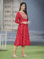 Juniper Women Red Rayon Festive Foil Printed Anarkali Flared Anarkali Kurta | Grocsy