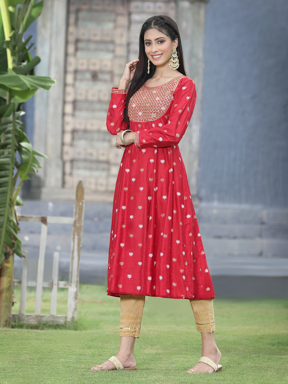 Juniper Women Red Rayon Festive Foil Printed Anarkali Flared Anarkali Kurta | Grocsy