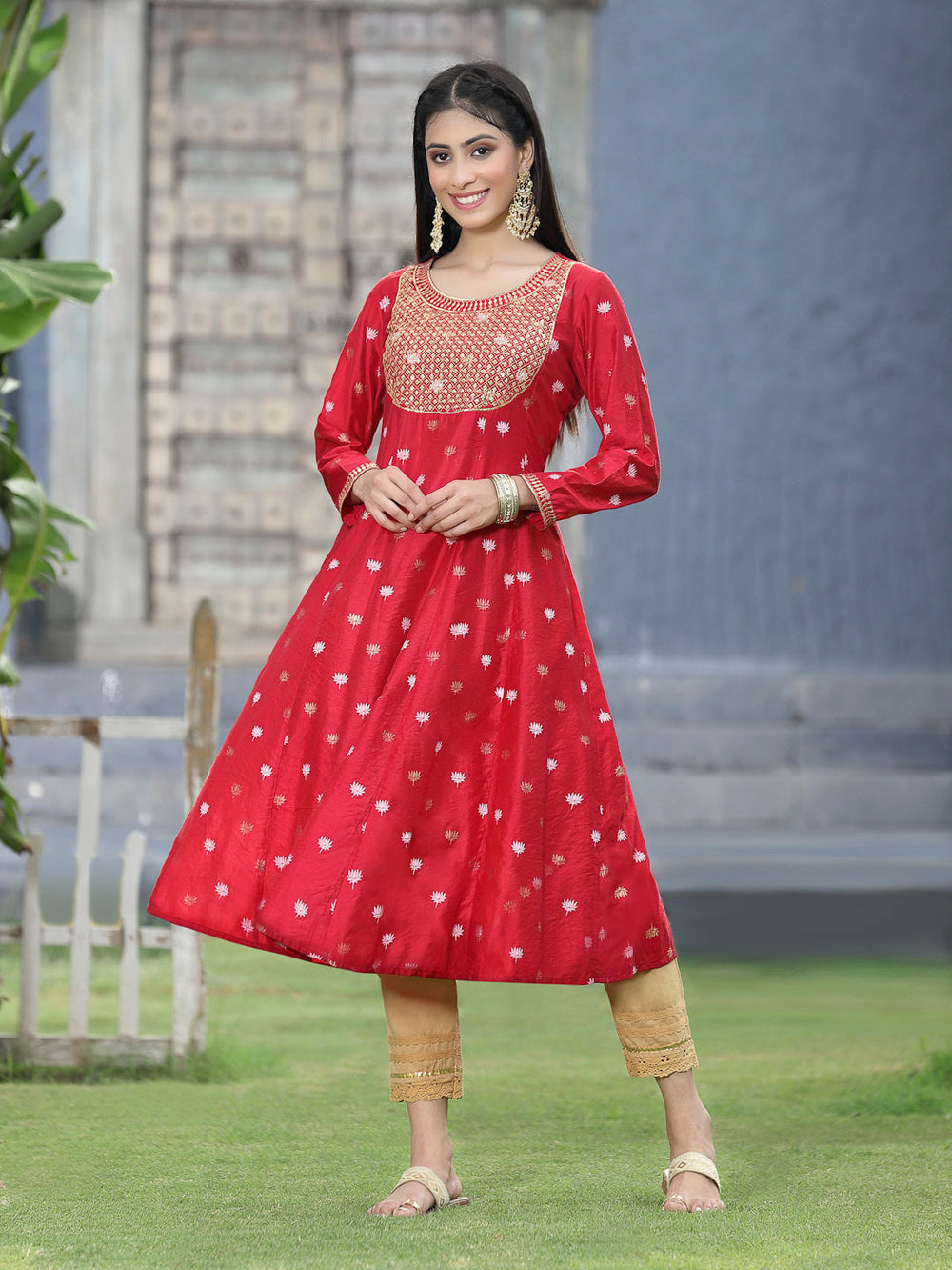 Juniper Women Red Rayon Festive Foil Printed Anarkali Flared Anarkali Kurta | Grocsy