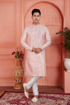 Raivat Ethnic Men's Jacquard Silk Brocade Pintux Work Kurta Pyjama In Peach Colour | Grocsy