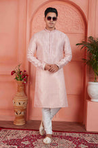 Raivat Ethnic Men's Jacquard Silk Brocade Pintux Work Kurta Pyjama In Peach Colour | Grocsy