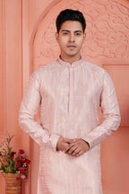 Raivat Ethnic Men's Jacquard Silk Brocade Pintux Work Kurta Pyjama In Peach Colour | Grocsy