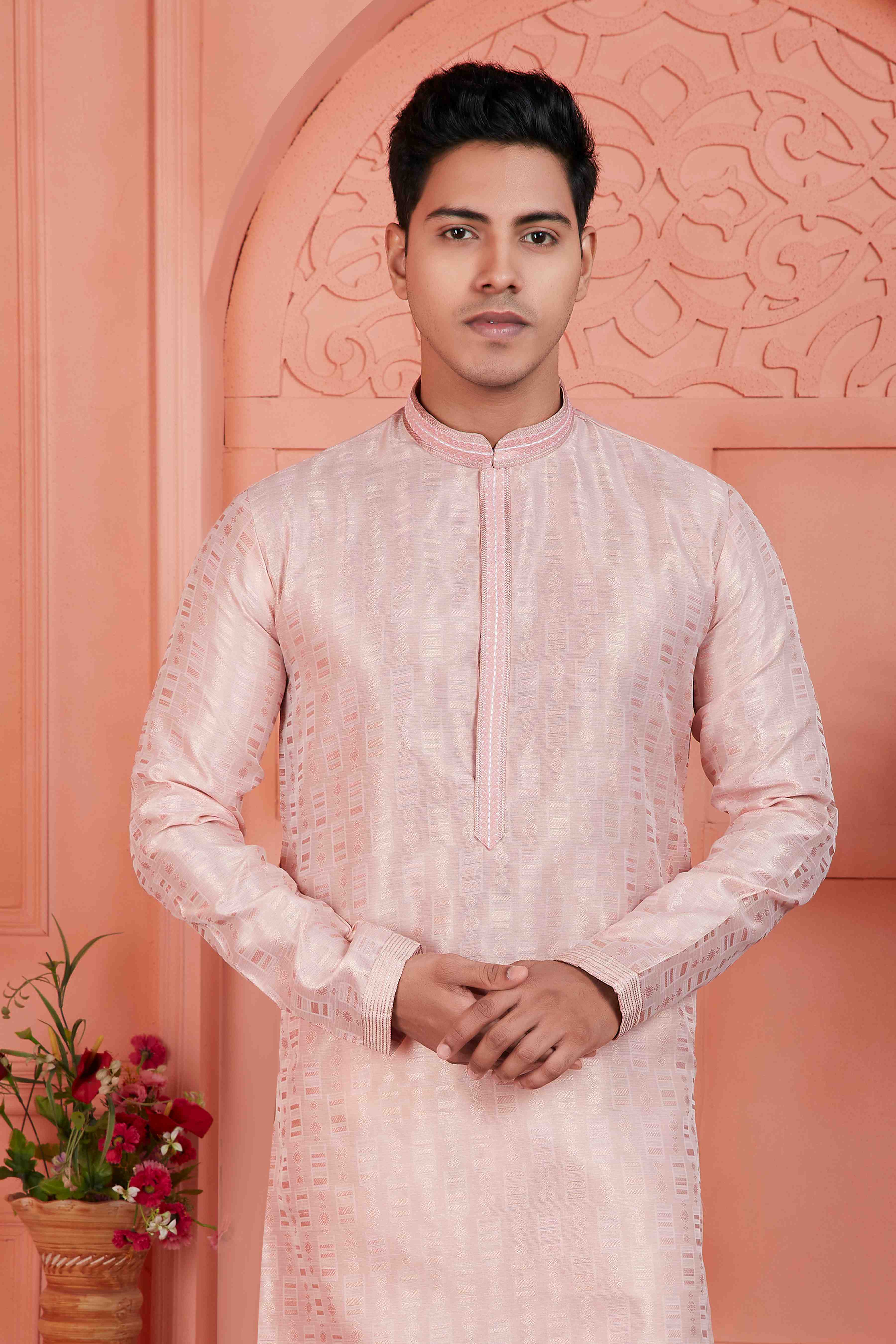 Raivat Ethnic Men's Jacquard Silk Brocade Pintux Work Kurta Pyjama In Peach Colour | Grocsy