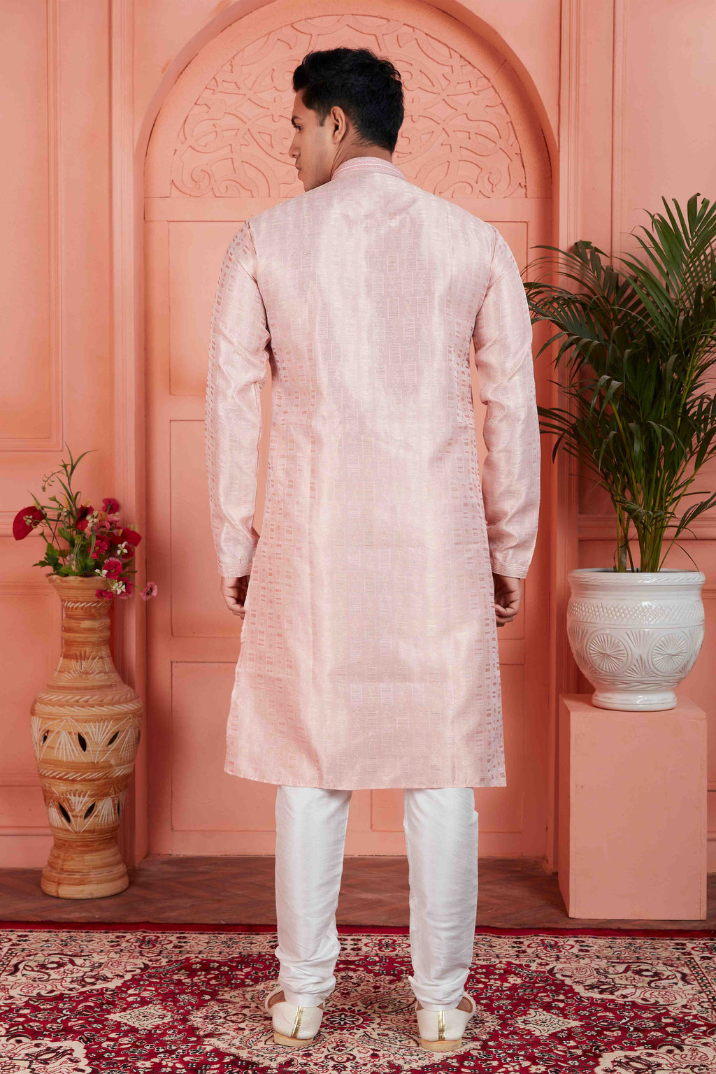 Raivat Ethnic Men's Jacquard Silk Brocade Pintux Work Kurta Pyjama In Peach Colour | Grocsy