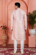 Raivat Ethnic Men's Jacquard Silk Brocade Pintux Work Kurta Pyjama In Peach Colour | Grocsy