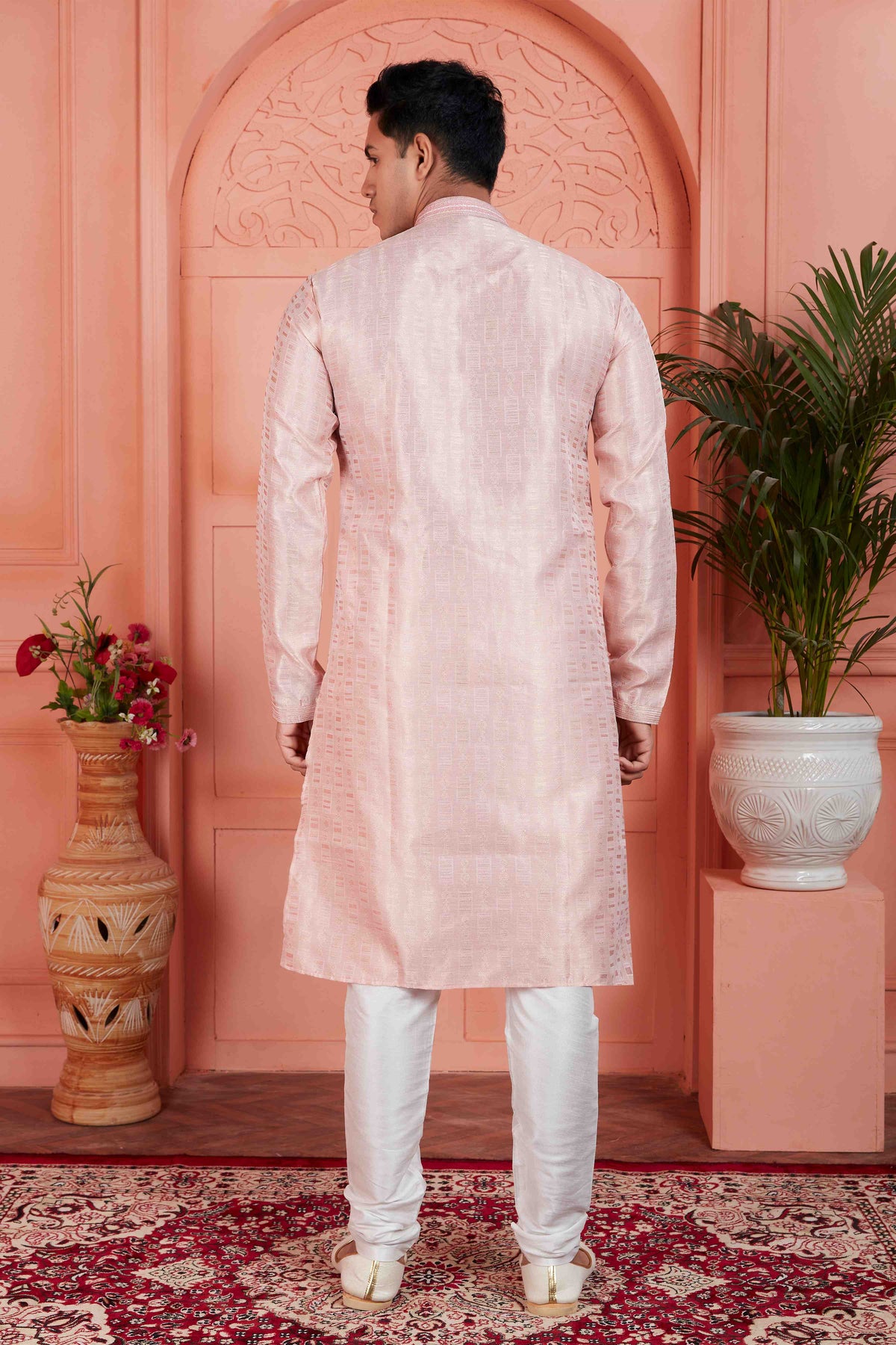 Raivat Ethnic Men's Jacquard Silk Brocade Pintux Work Kurta Pyjama In Peach Colour | Grocsy