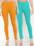 TAG 7 Women Pack of 2 Mustard Yellow & Turquoise Blue Solid Kurti Pants | Grocsy