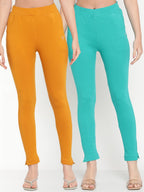 TAG 7 Women Pack of 2 Mustard Yellow & Turquoise Blue Solid Kurti Pants | Grocsy