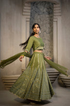 Juniper Green Santoon Slub Festive Printed Crop Lehenga Choli Dupatta For Women | Grocsy