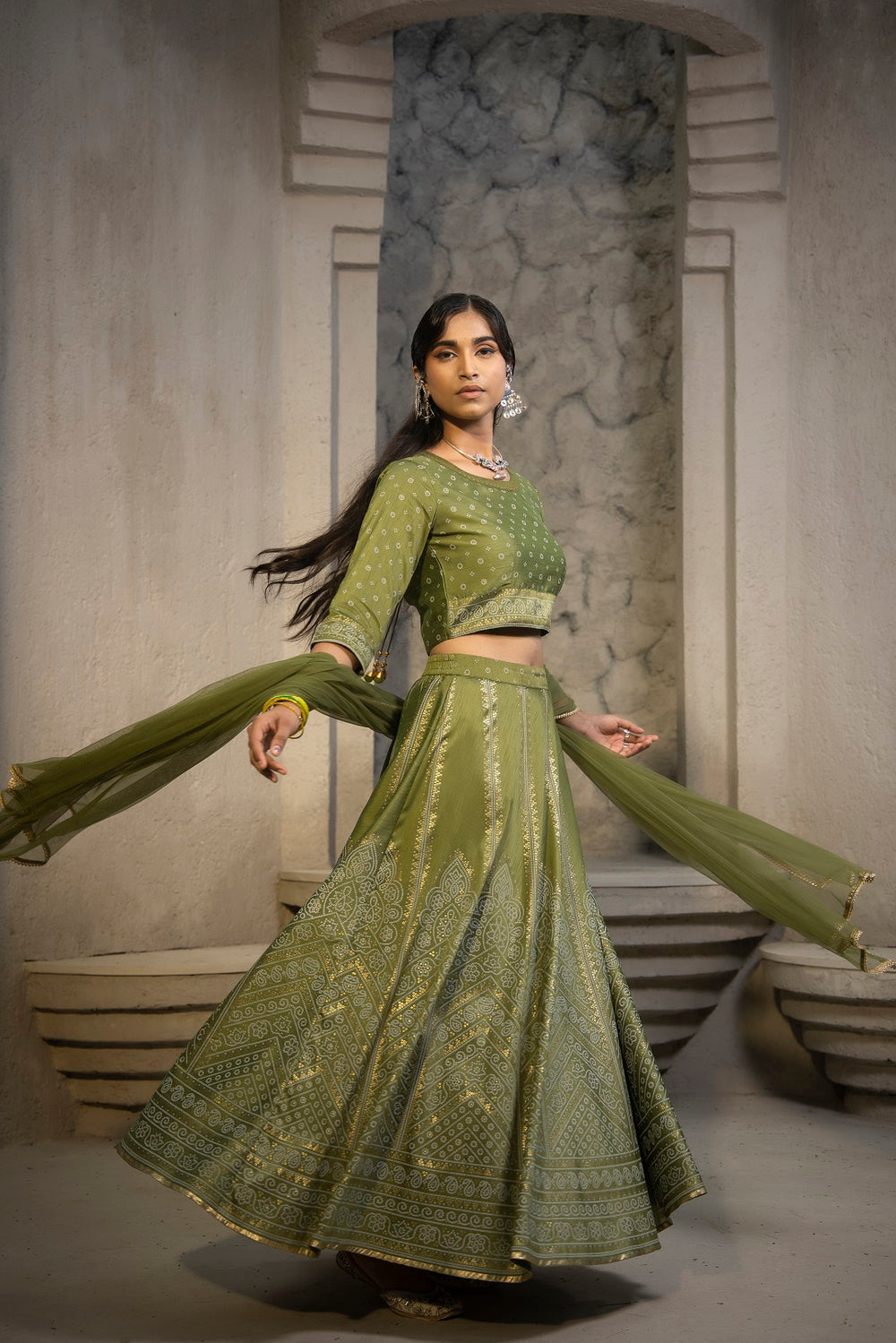 Juniper Green Santoon Slub Festive Printed Crop Lehenga Choli Dupatta For Women | Grocsy