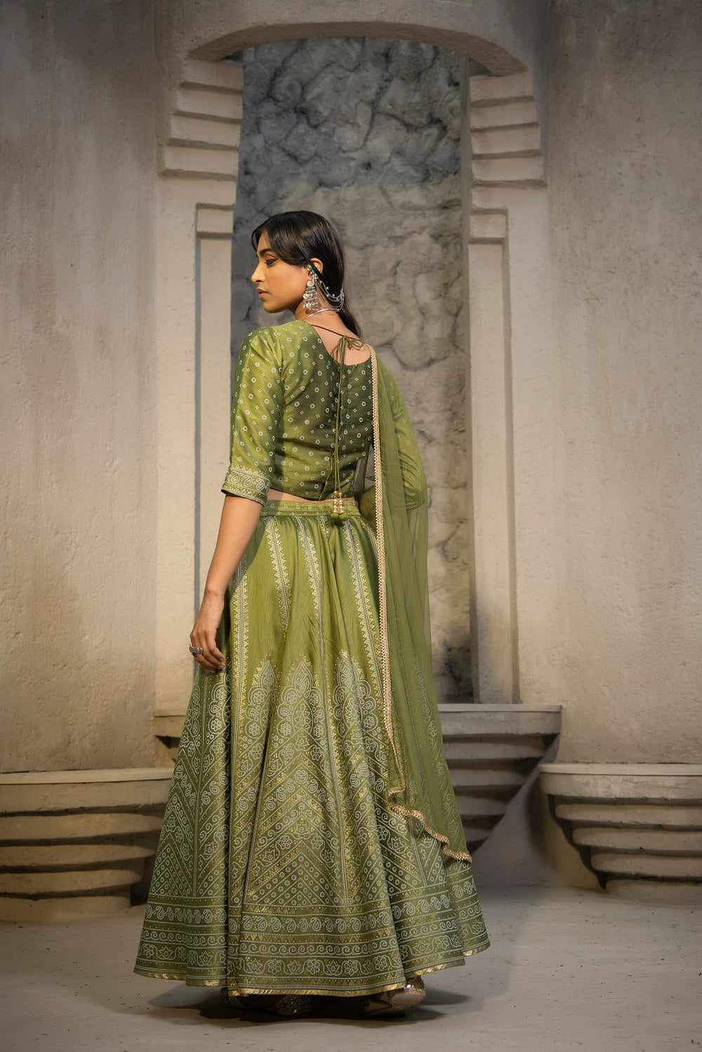 Juniper Green Santoon Slub Festive Printed Crop Lehenga Choli Dupatta For Women | Grocsy