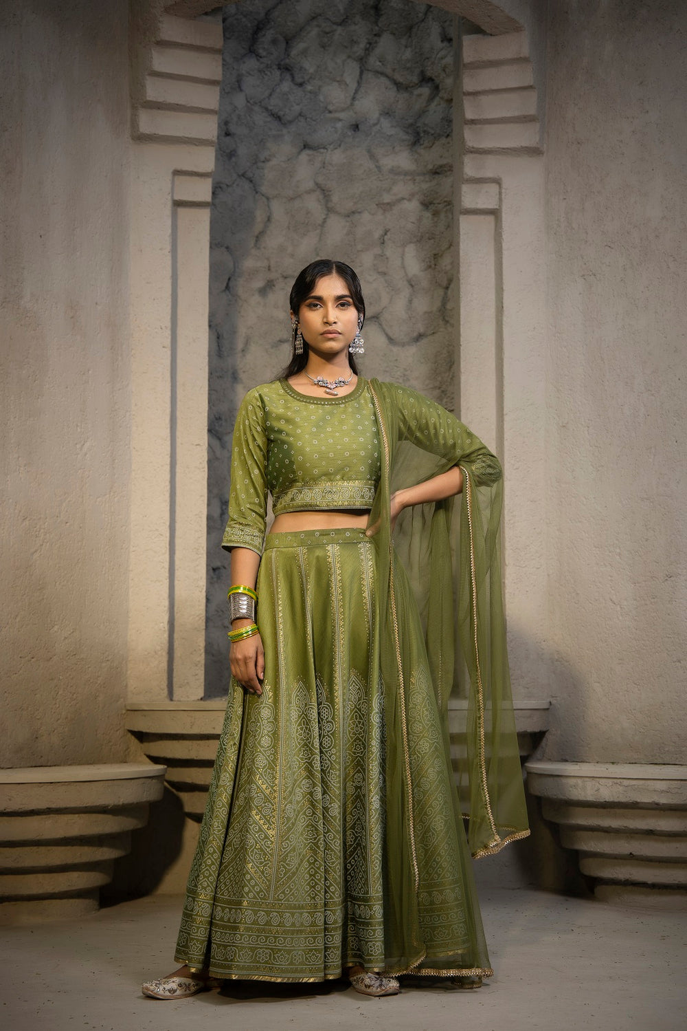 Juniper Green Santoon Slub Festive Printed Crop Lehenga Choli Dupatta For Women | Grocsy