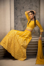 Juniper Mustard Santoon Slub Festive Printed Crop Lehenga Choli Dupatta Set | Grocsy