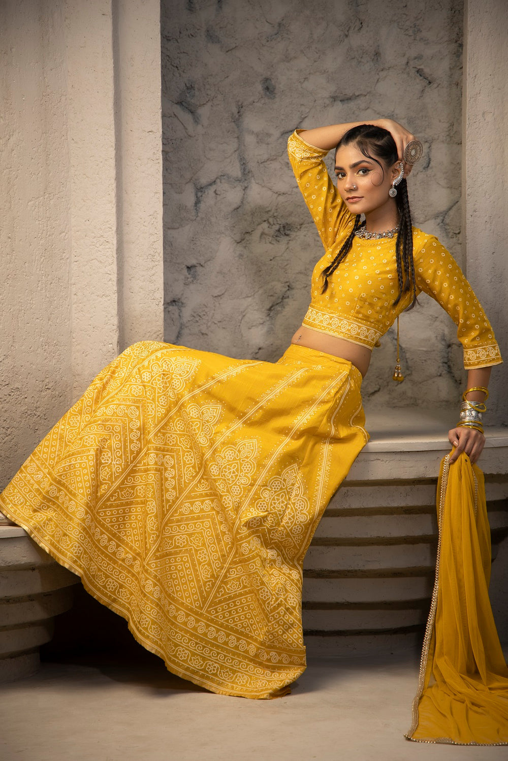 Juniper Mustard Santoon Slub Festive Printed Crop Lehenga Choli Dupatta Set | Grocsy