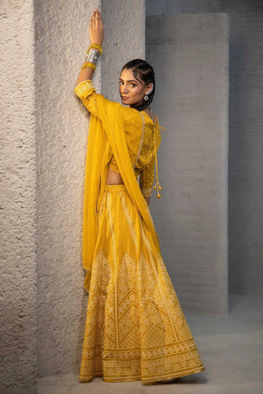 Juniper Mustard Santoon Slub Festive Printed Crop Lehenga Choli Dupatta Set | Grocsy