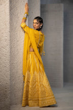 Juniper Mustard Santoon Slub Festive Printed Crop Lehenga Choli Dupatta Set | Grocsy