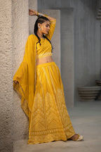Juniper Mustard Santoon Slub Festive Printed Crop Lehenga Choli Dupatta Set | Grocsy