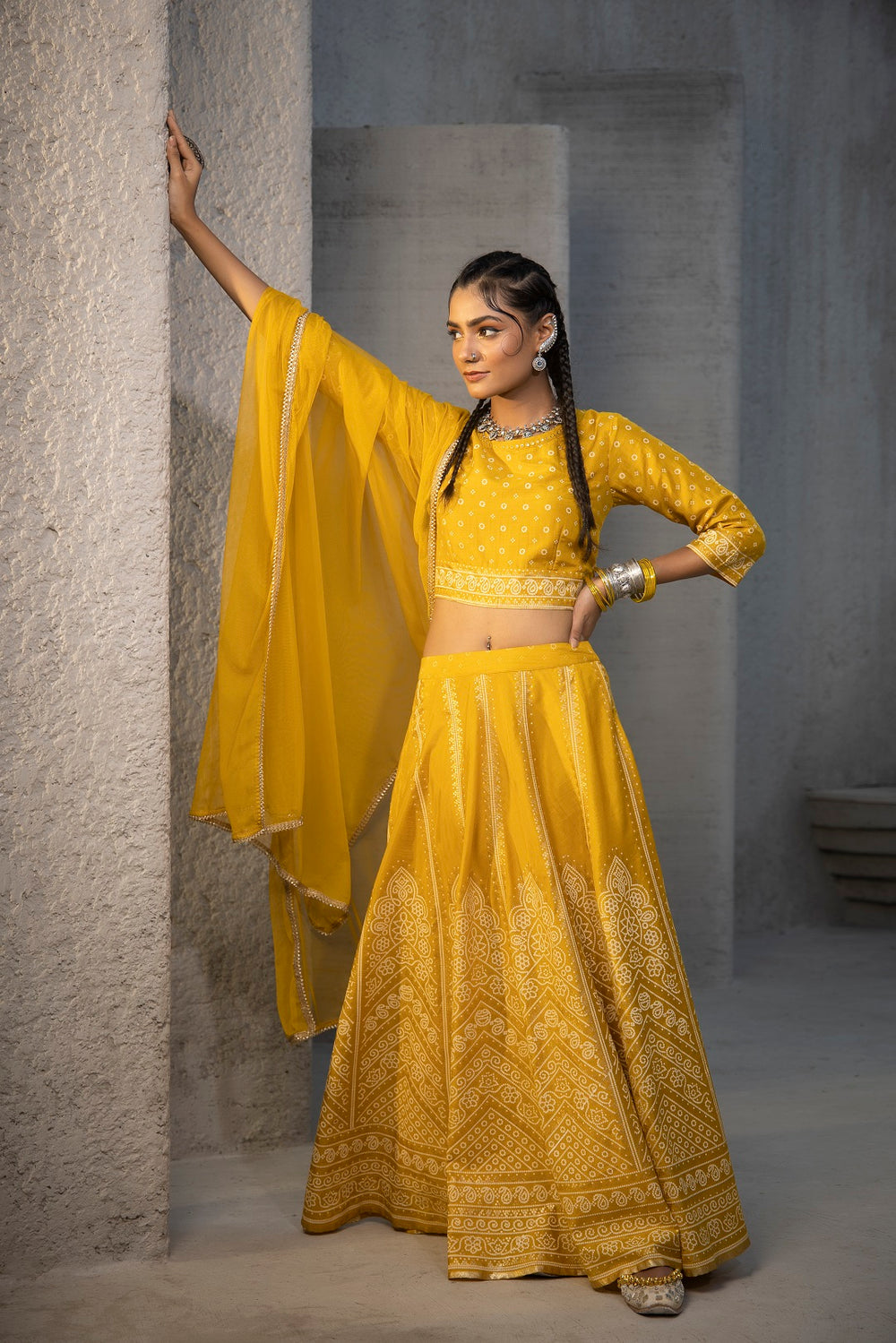 Juniper Mustard Santoon Slub Festive Printed Crop Lehenga Choli Dupatta Set | Grocsy