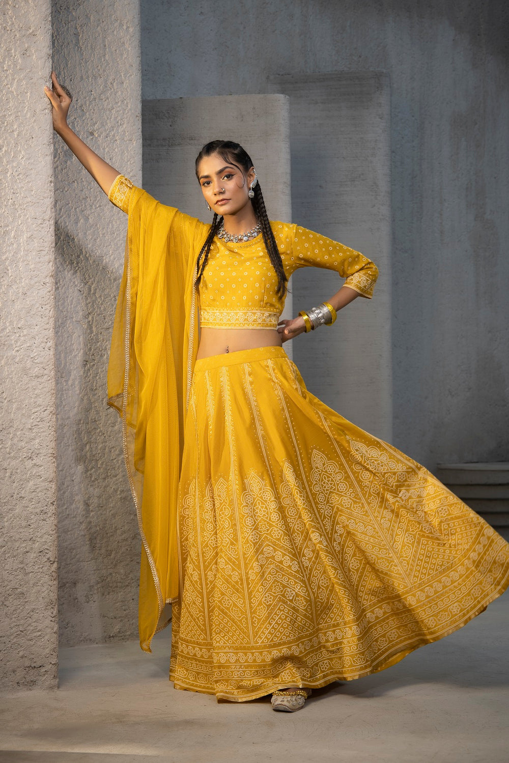 Juniper Mustard Santoon Slub Festive Printed Crop Lehenga Choli Dupatta Set | Grocsy