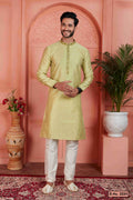 Raivat Ethnic Men's Jacquard Silk Brocade Mirror and Pintux Work Kurta Pyjama In Yellow Colour | Grocsy